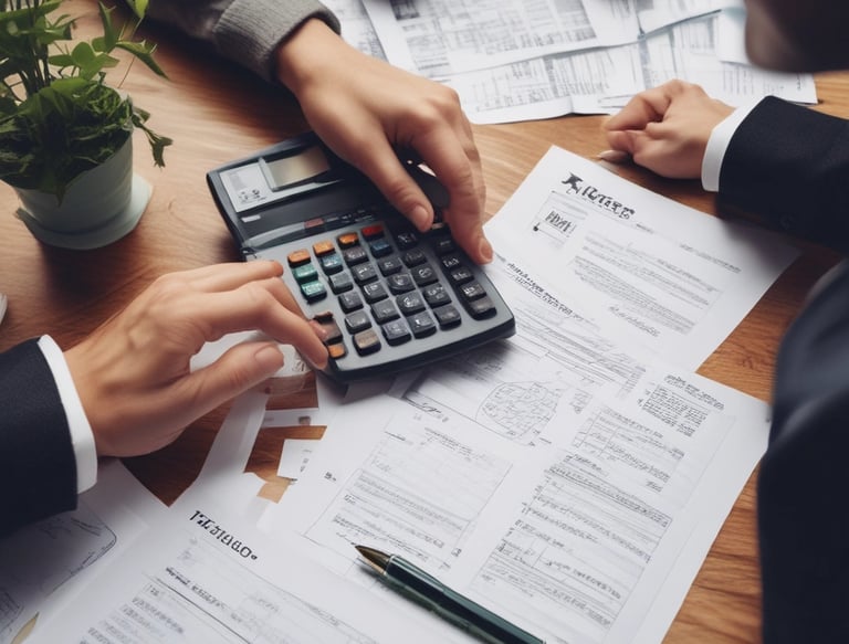 Elegant office workspace with a laptop and business documents on a wooden desk.