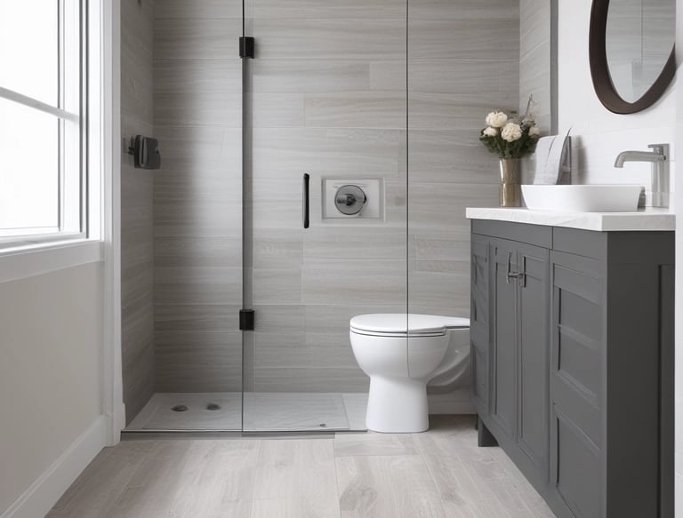 Before and after images of a stunning bathroom remodel featuring stone panel shower surrounds.