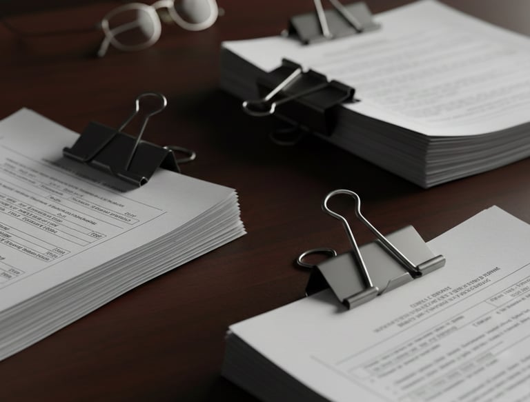 three stacks of government looking papers on a dark desk