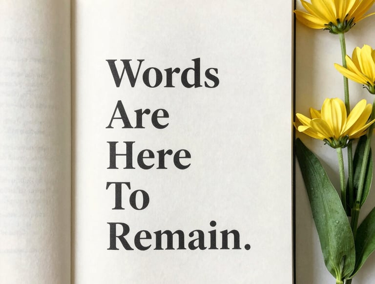A close-up of a person gently holding a book titled 'Words Are Here to Remain' with a thoughtful expression.