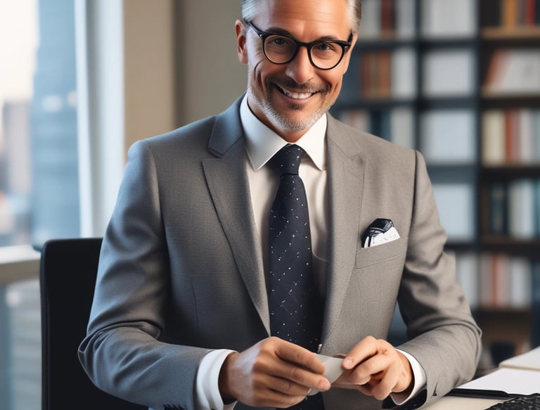 A confident advisor discussing investment strategies with clients in a modern office.