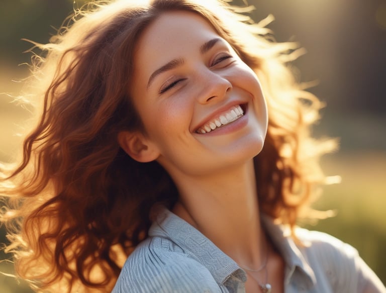 Smiling woman gently applying rose gold highlighter on her cheekbone in natural light.