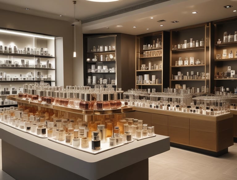 A warm, inviting photo of the family team in their perfume workshop surrounded by fragrance bottles.