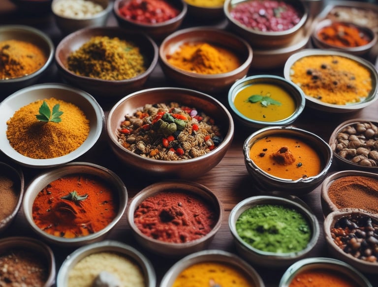 Close-up of vibrant spices arranged in rustic bowls on a wooden table.