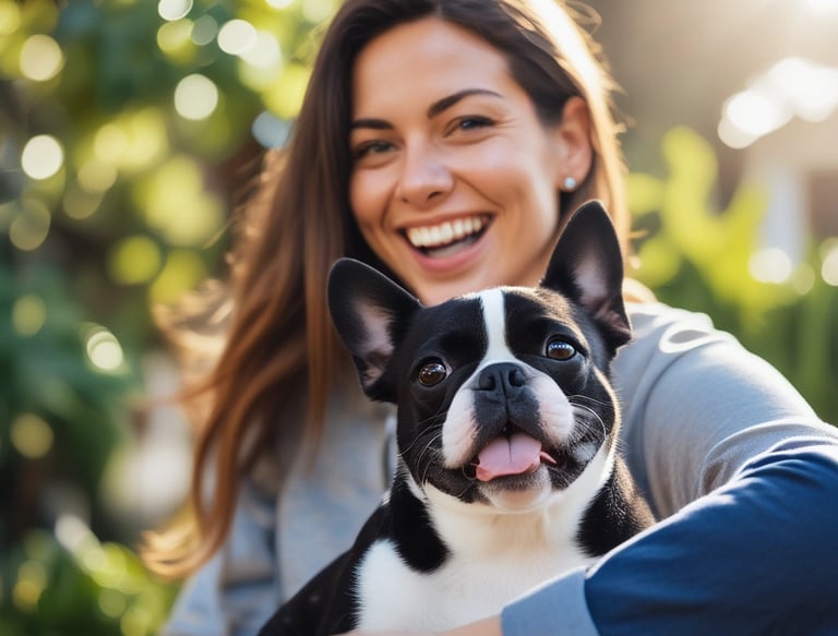 Close-up of a happy pet owner smiling while holding their dog and the product.