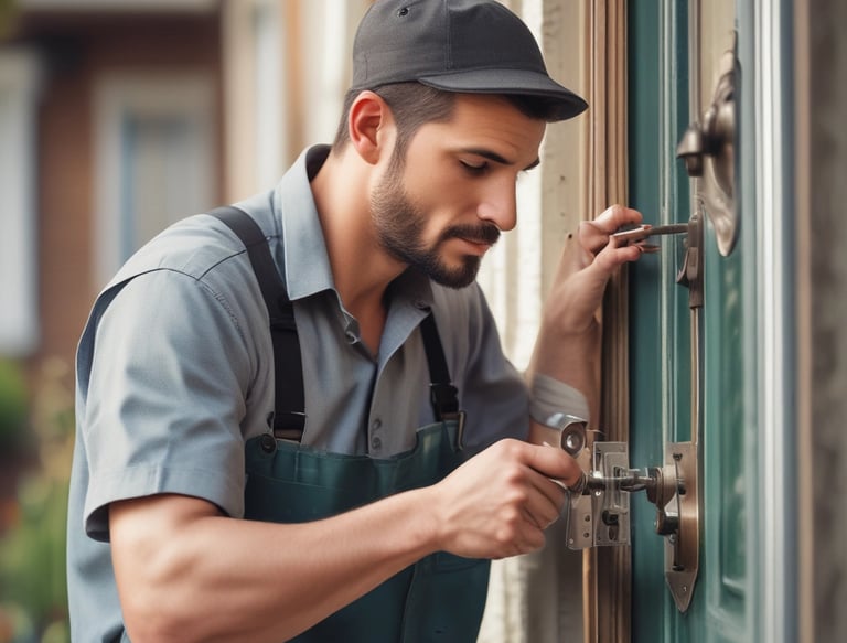 A locksmith carefully installing a high-security lock on a residential door.