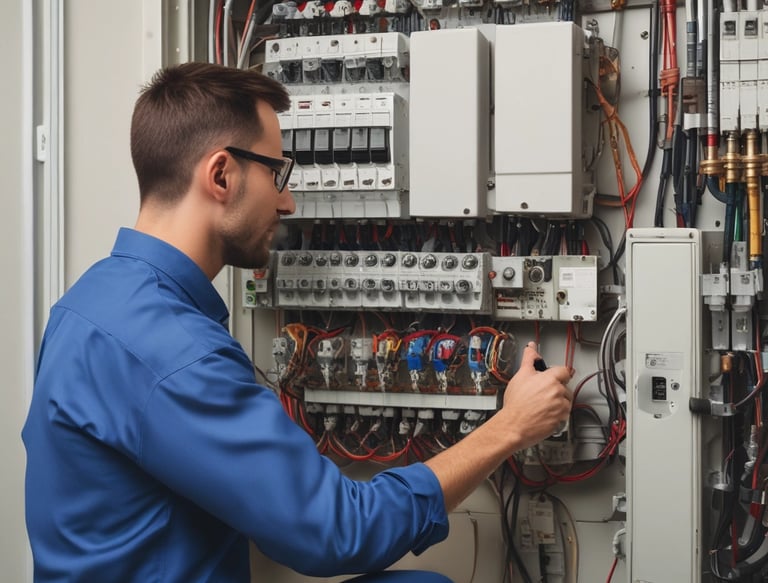 Electrician working on industrial electrical panel with tools.