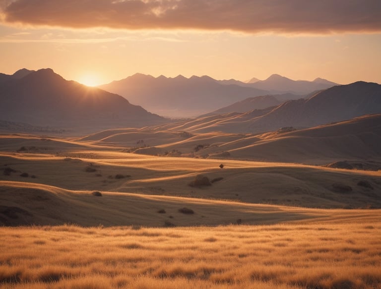 A warm sunrise over the Rocky Mountains casting golden light on a bustling digital agency office.