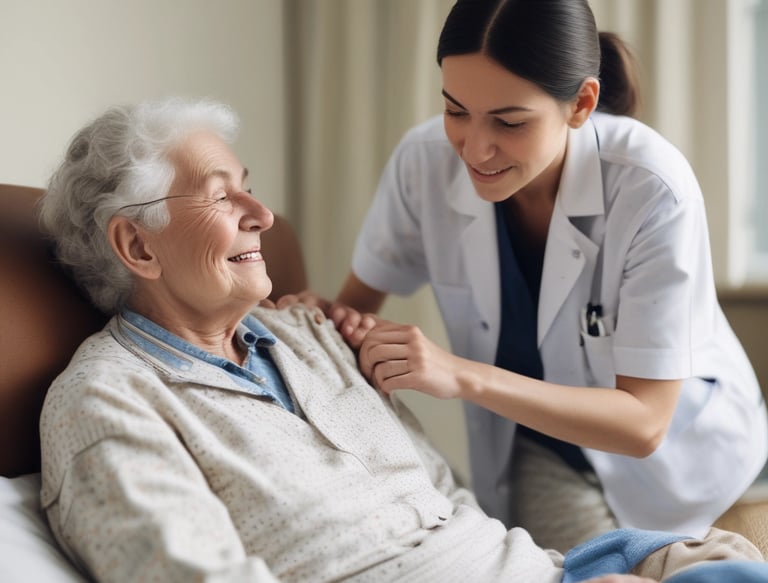 A warm caregiver gently holding an elderly woman's hand in a cozy living room.