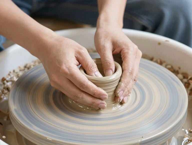 A happy customer shaping clay on a drehton pottery wheel in a bright workshop.