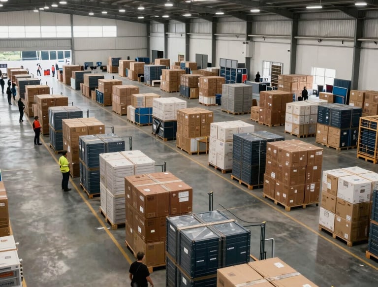 A professional wide-angle shot of a highly organized, modern logistics center in a Latin American region. Technical lighting and sharp focus.