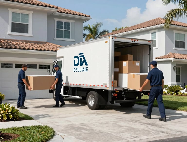 Professional moving truck parked outside a modern house during a sunny day.