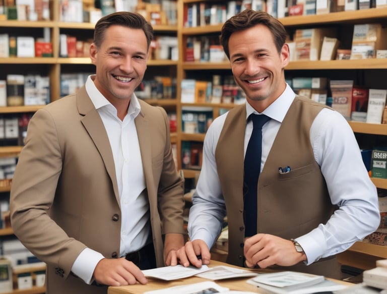Two business consultants discussing strategy in a modern office.