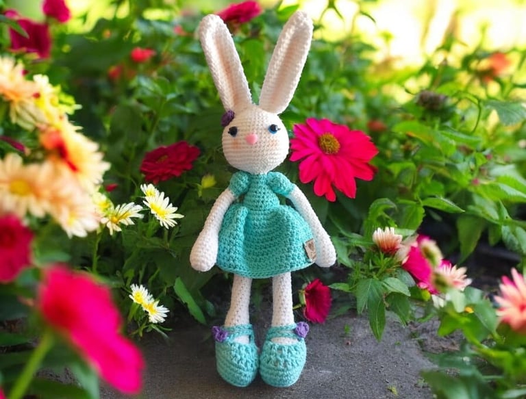 Conejito de peluche blanco hecho a mano con ganchillo, vestido de azul, en un colorido jardín.