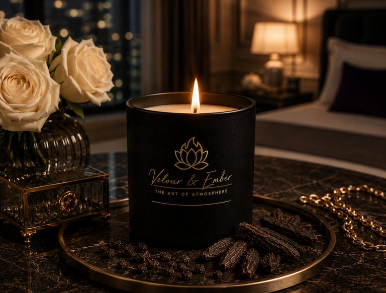 A luxurious Velour & Ember candle glows warmly on a dark marble tray with roses and spices, setting a sophisticated bedroom