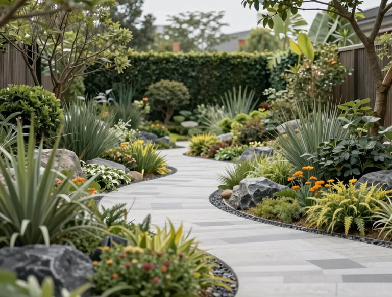 A peaceful backyard featuring lush greenery and a small water feature under the sun.
