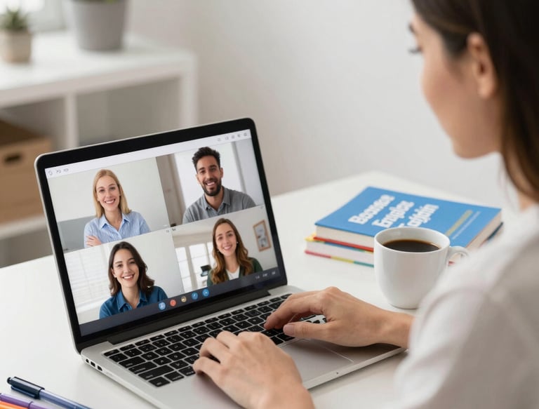 A friendly online language teacher conducting a virtual business English class.