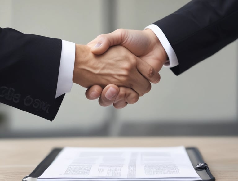 A close-up of hands reviewing a contract with notes and highlights on a wooden desk.