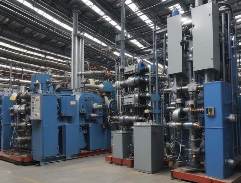 A team of engineers collaborating over blueprints in a modern office.