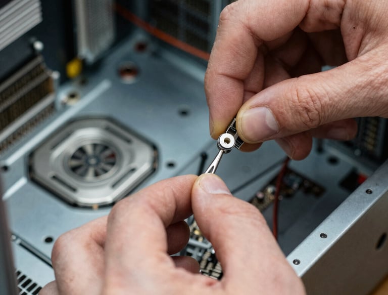 Technician carefully replacing a laptop screen in a cozy workshop.