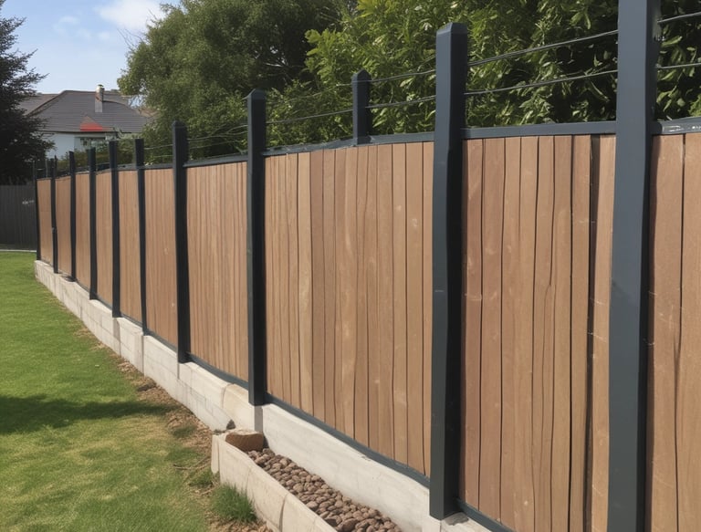 A friendly handyman fixing a wooden fence in a sunny garden.