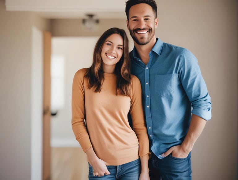 Image of a smiling couple standing proudly in front of their refurbished kitchen.