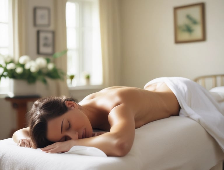 Close-up of hands gently massaging a person's back with aromatic oils.