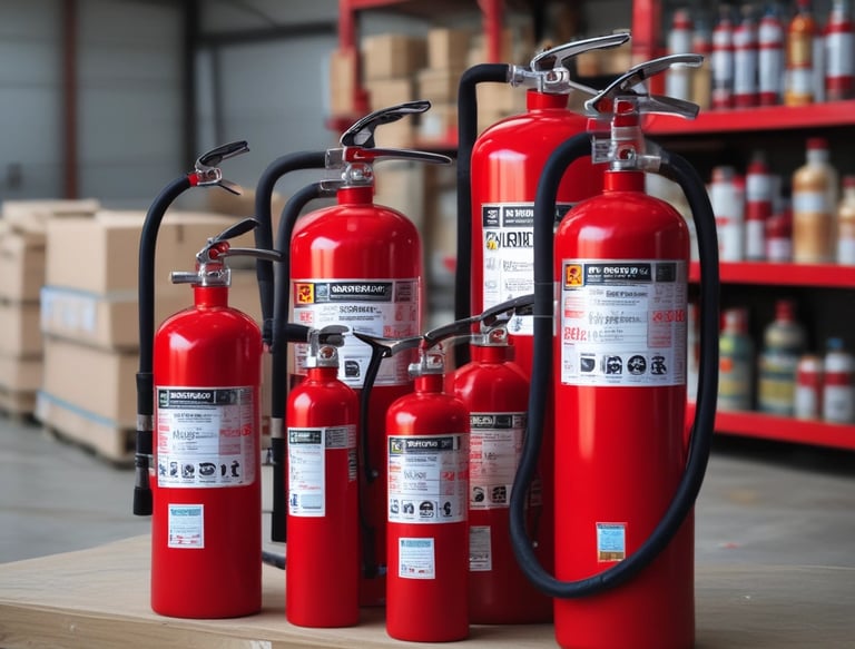 A close-up view of a red fire extinguisher with partially visible labels, hose, and some text in a foreign language. The background is slightly out of focus, emphasizing the fire extinguisher's details.