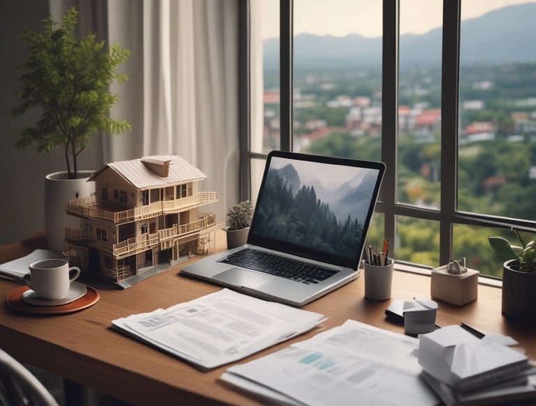 a laptop computer sitting on a desk with a miniature house model