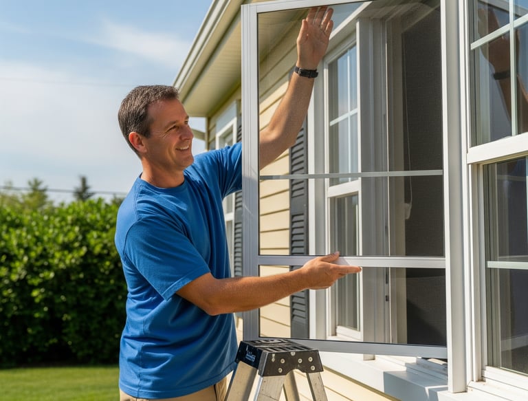 a man in a blue shirt is standing on a ladder putting a window screen on