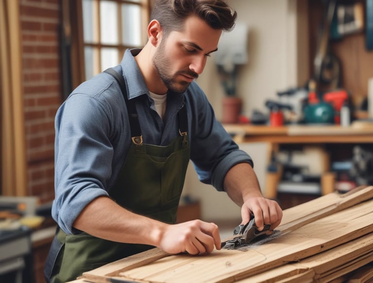 A close-up of a gloved hand holding a power drill next to a green surface, with a screw being driven in. The glove is brown with worn-out spots, and the drill has a metallic black component, with part of it being yellow.