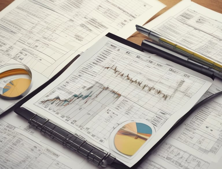 A laptop displaying a financial dashboard with various stock market graphs and data. The screen shows different stock indices and their performance, including line charts and a bar chart for market overview. The laptop is placed on a light-colored table, and a gray sofa is visible in the background.