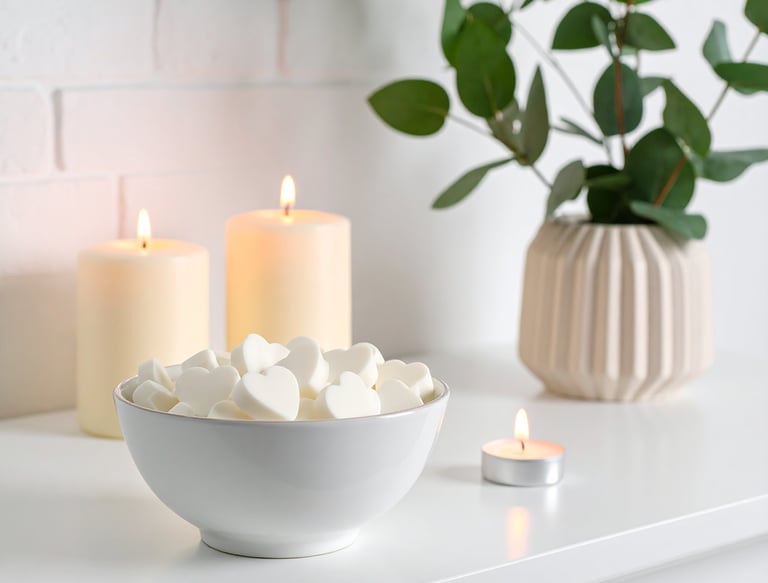 White heart wax melts in a white bowl situated in a contemporary white living space.