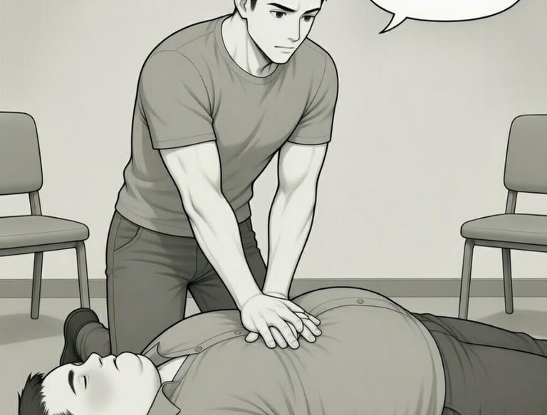 cartoon male sex worker doing cpr on male client laying on floor 