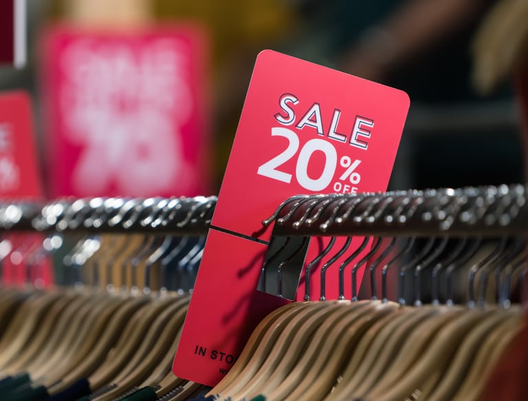 Sale sign on a rack of clothing to symbolise AI in retail