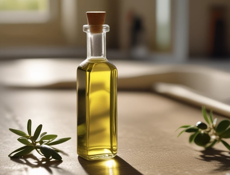 A bottle of chia oil labeled 'Aceite de Chia' with branding that includes the name 'Jevica.' The label also highlights that the oil is premium, edible, and 100% natural. The bottle is positioned on a wooden surface in front of an out-of-focus background featuring cool-toned colors.