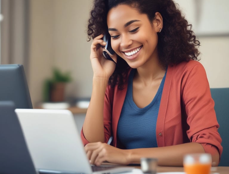 persona atendiendo su celular que este sonriendo al aceptar un credito a traves del telefono