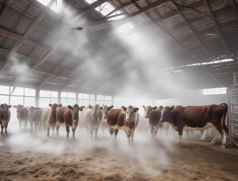 A sheltered area with several cows lying on sandy ground under a corrugated metal roof supported by concrete pillars. Sunlight is casting shadows on the sandy floor, and the shelter appears to be located in a rural setting, with fields visible in the background.