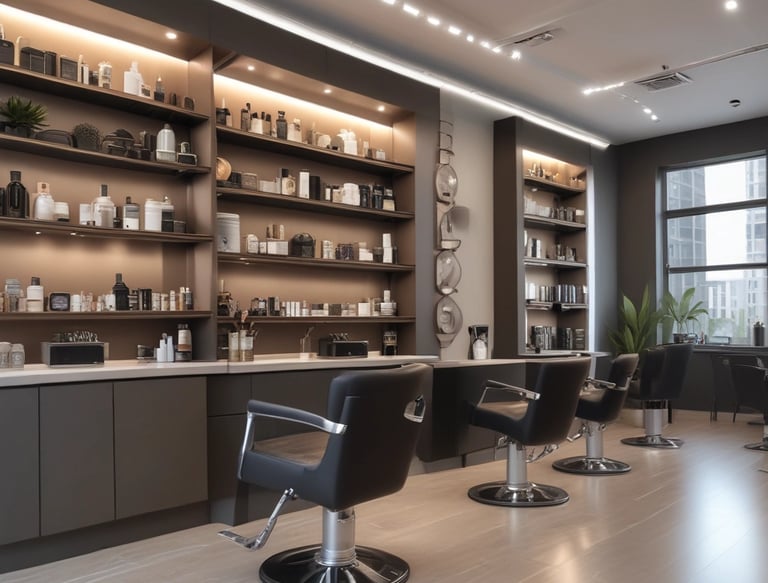 A modern barbershop interior with several styling stations. A person sits comfortably in a salon chair wearing a cape, while a barber is engaged in cutting their hair. The scene includes mirrors, shelves with products, and stylish lighting fixtures hanging from the ceiling.