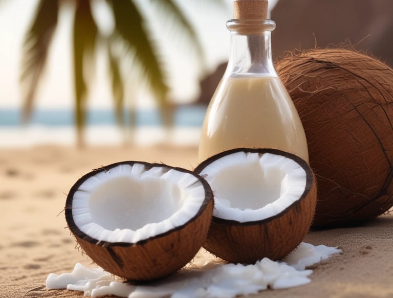 A fresh coconut with the top sliced open sits on a wooden table, with the backdrop of a serene ocean view and a palm tree. The scene suggests a tropical setting with a relaxed atmosphere.