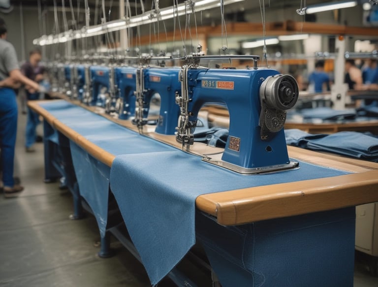Close-up view of denim fabric showcasing a detailed weave pattern in blue and white. A seam with visible stitches runs vertically on the right side, highlighting the texture and craftsmanship.