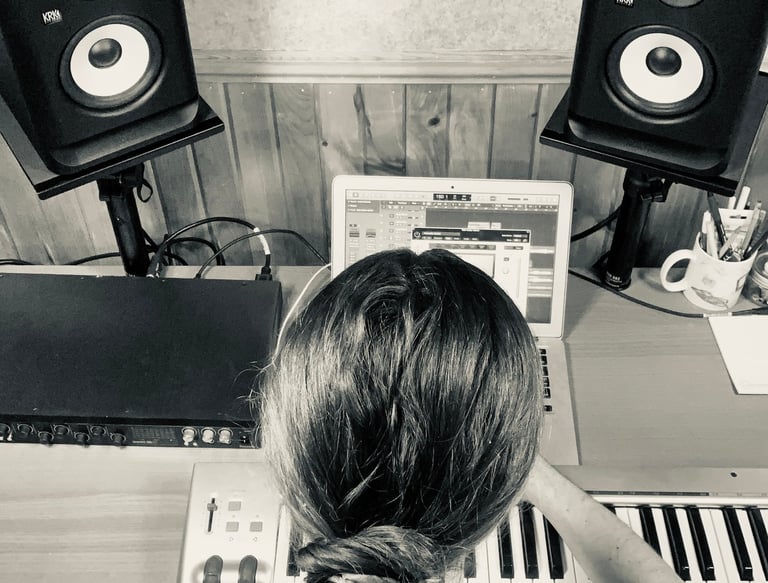 Overhead view of Camus mixing at Music Man Studios