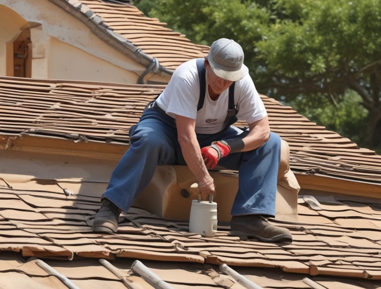 A person is working on a corrugated metal roof, wearing a harness for safety. They appear to be engaged in some kind of maintenance or repair work, holding equipment or tools. The roof is weathered and shows patches of rust and wear.