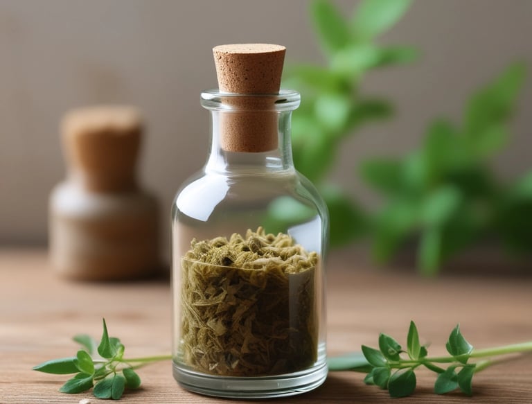 An assortment of traditional herbal ingredients, possibly used in Chinese medicine, arranged on papers with writing. A brass tray holds various plant materials next to a white mortar and pestle. A chopstick-style tool with colorful tassels is also present.