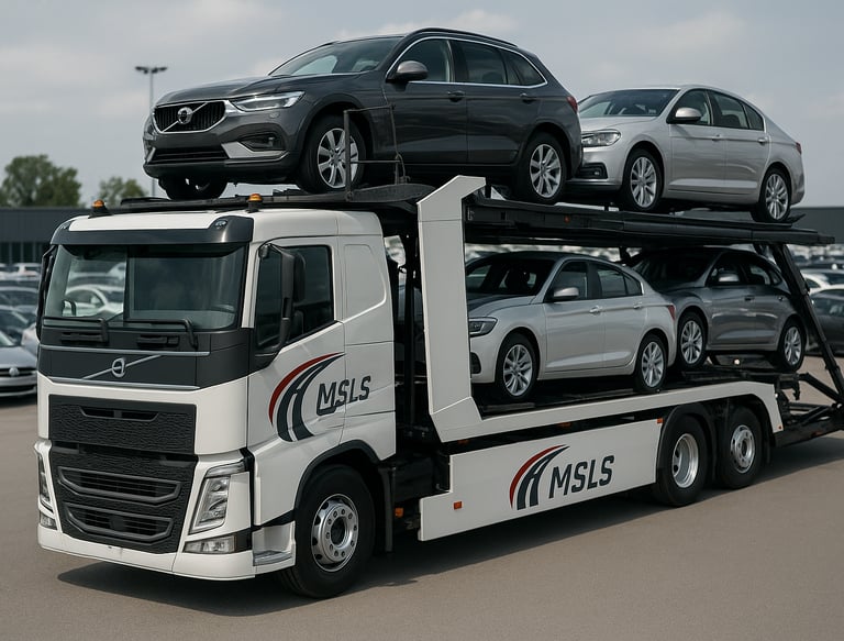 MSLS multi-car transporter hauling a full load of new vehicles.