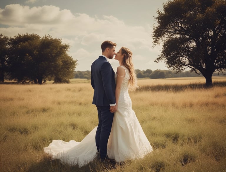 Close-up of a couple holding hands, smiling warmly with soft natural light highlighting their happiness.