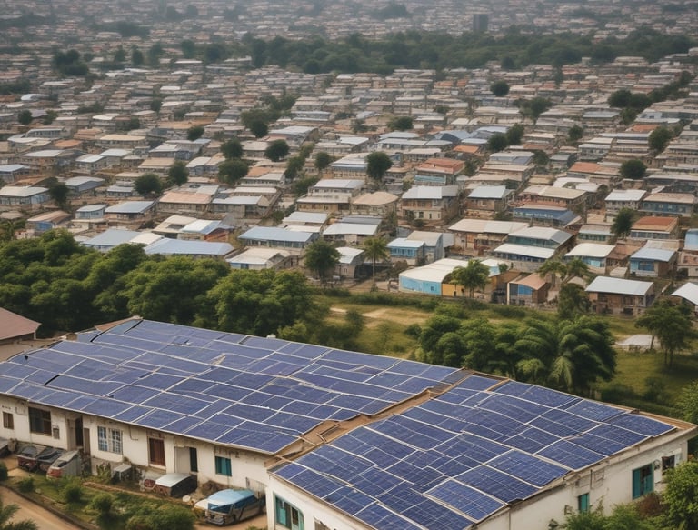 An aerial view of a building with a large array of solar panels on its roof. The structure is surrounded by greenery, pathways, and some smaller structures or landscaped areas. The environment appears to be a mix of natural and man-made elements, suggesting a focus on sustainability.