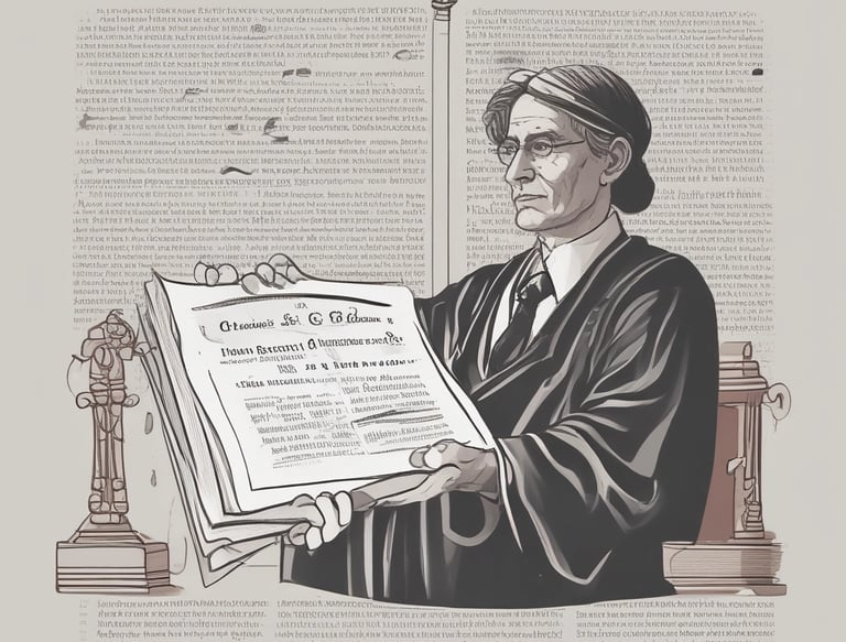 A person in a suit and tie holds a red academic diploma or certificate. They are wearing a laurel wreath decorated with red and white ribbons. The background features a textured brick wall.