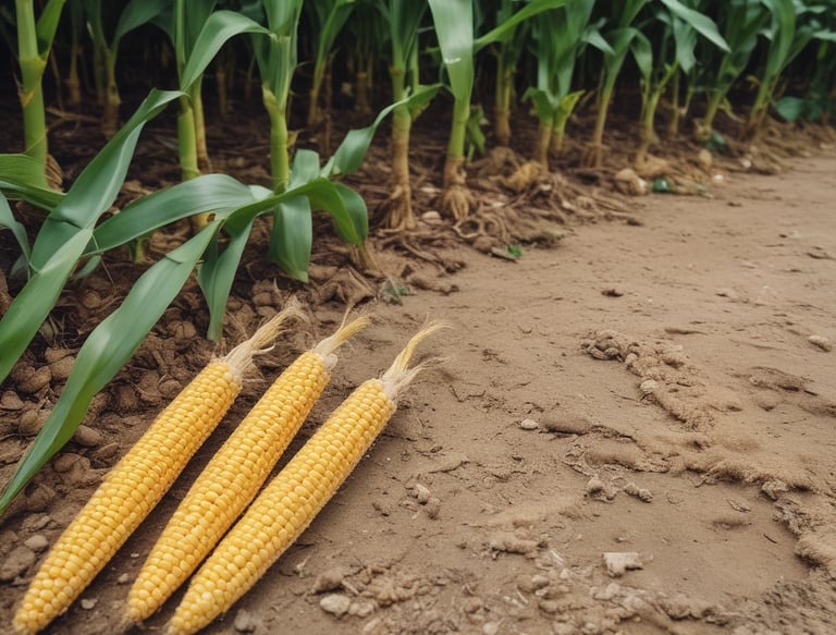 Close-up of fresh green plantain leaves and corn plants in a rustic farm setting.