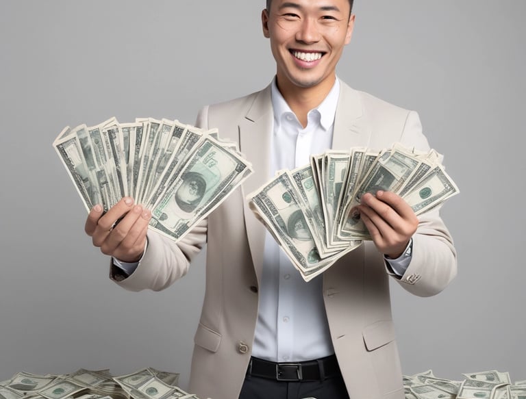 A person is holding a smartphone displaying a financial trading app. The screen shows a candlestick chart with various trading metrics, including the current price, percentage changes, and buttons for different actions. The person's hands are visible, and a black background accentuates the smartphone screen.